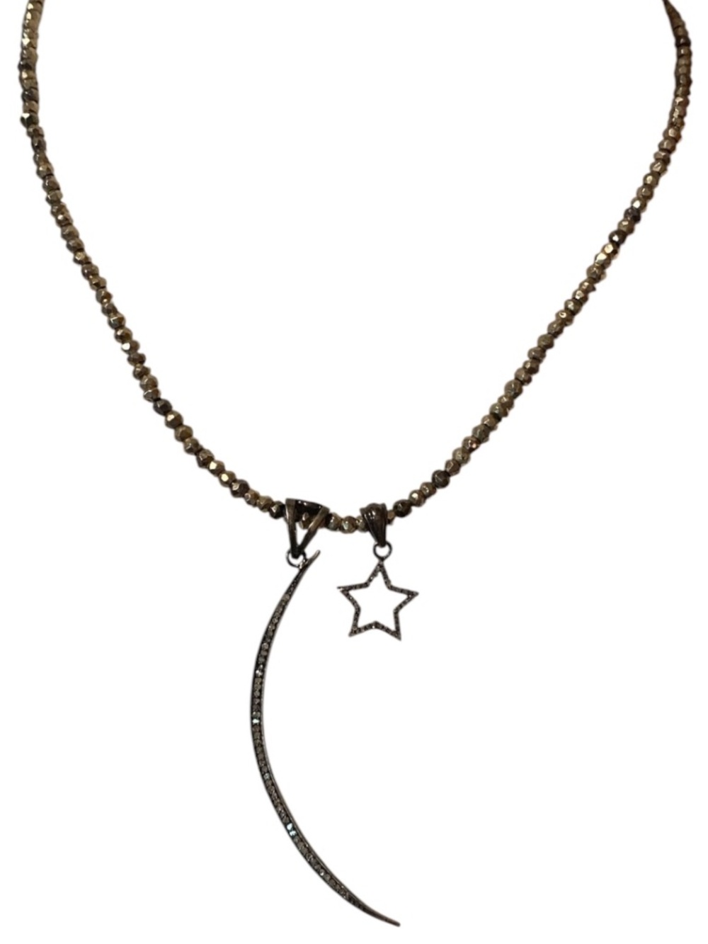 Pave Diamond moon & star Sterling Silver & Pyrite handmade necklace